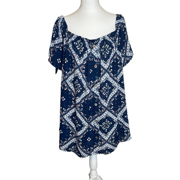 Rue Plus Navy Blue Bandana Floral Print Off Shoulder Blouse 3X Cottagecore - Picture 1 of 10
